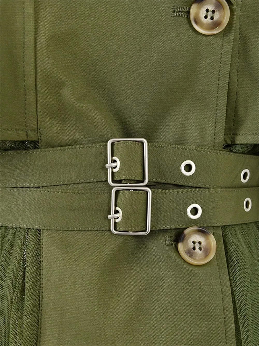 Women Vintage Tulle Patchwork Trenchcoats Lapel Double Belt Slim Waist Trench Lapel Single Breasted Coat