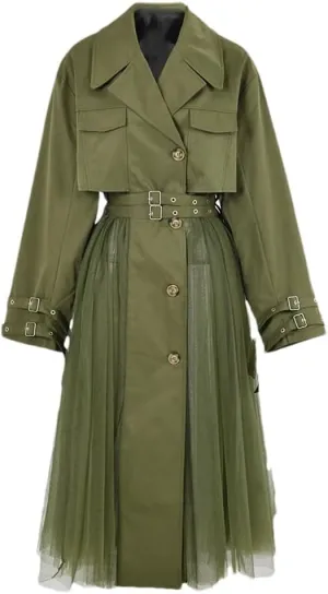 Women Vintage Tulle Patchwork Trenchcoats Lapel Double Belt Slim Waist Trench Lapel Single Breasted Coat