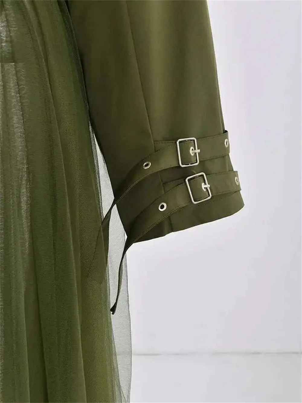 Women Vintage Tulle Patchwork Trenchcoats Lapel Double Belt Slim Waist Trench Lapel Single Breasted Coat