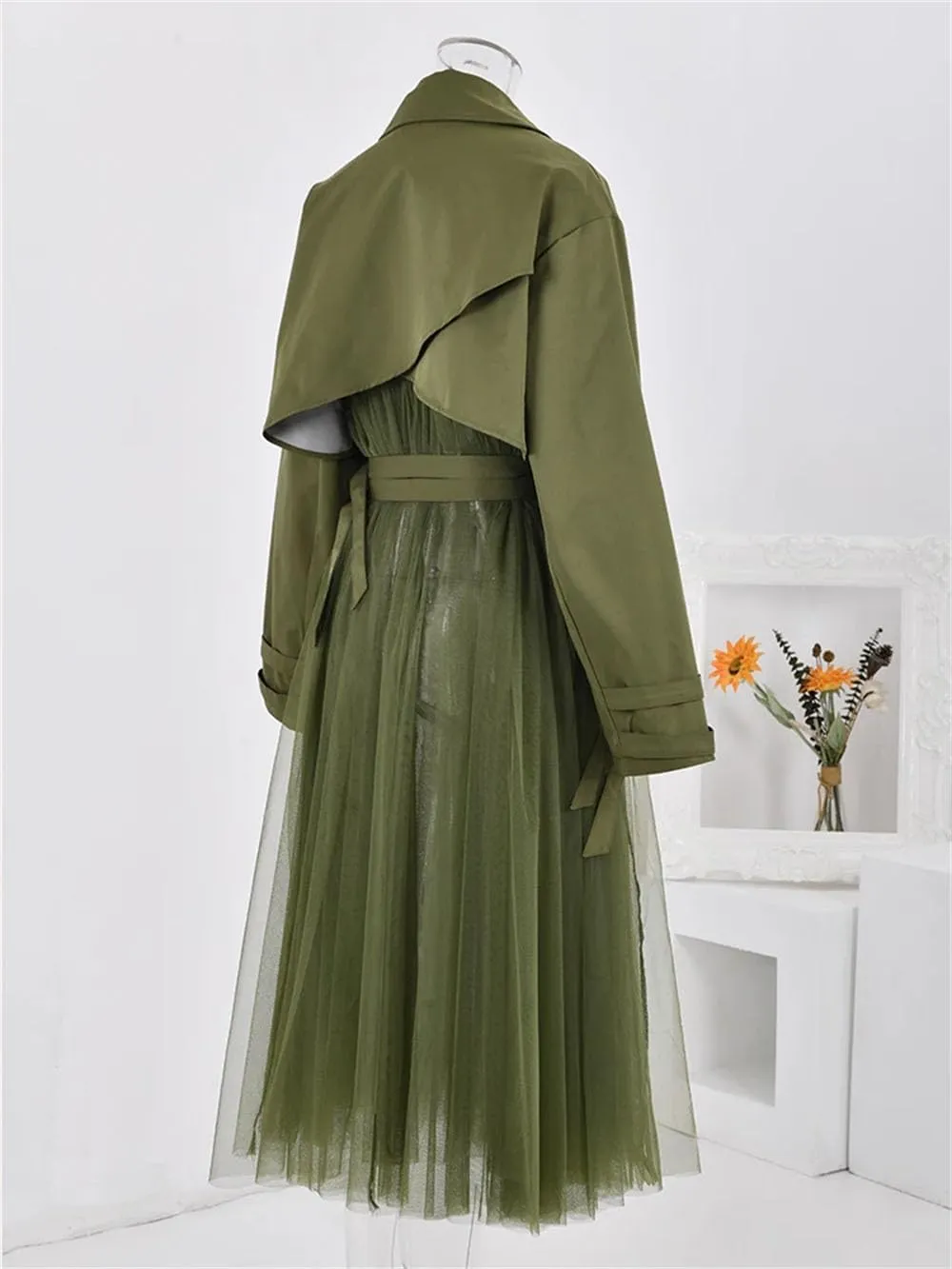 Women Vintage Tulle Patchwork Trenchcoats Lapel Double Belt Slim Waist Trench Lapel Single Breasted Coat
