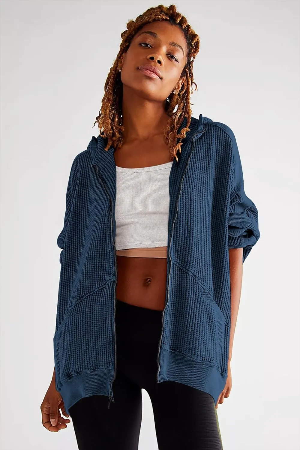 Womens Fashion Zip Up Hoodies Oversized Waffle Knit Jacket Shirts Long Sleeve Solid Shacket Blouse with Pockets
