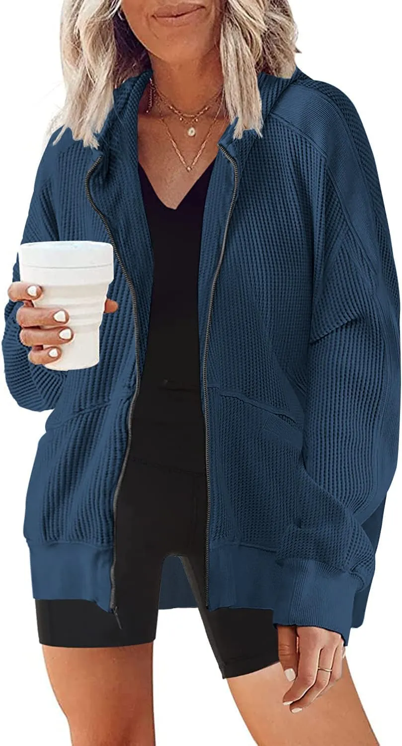 Womens Fashion Zip Up Hoodies Oversized Waffle Knit Jacket Shirts Long Sleeve Solid Shacket Blouse with Pockets