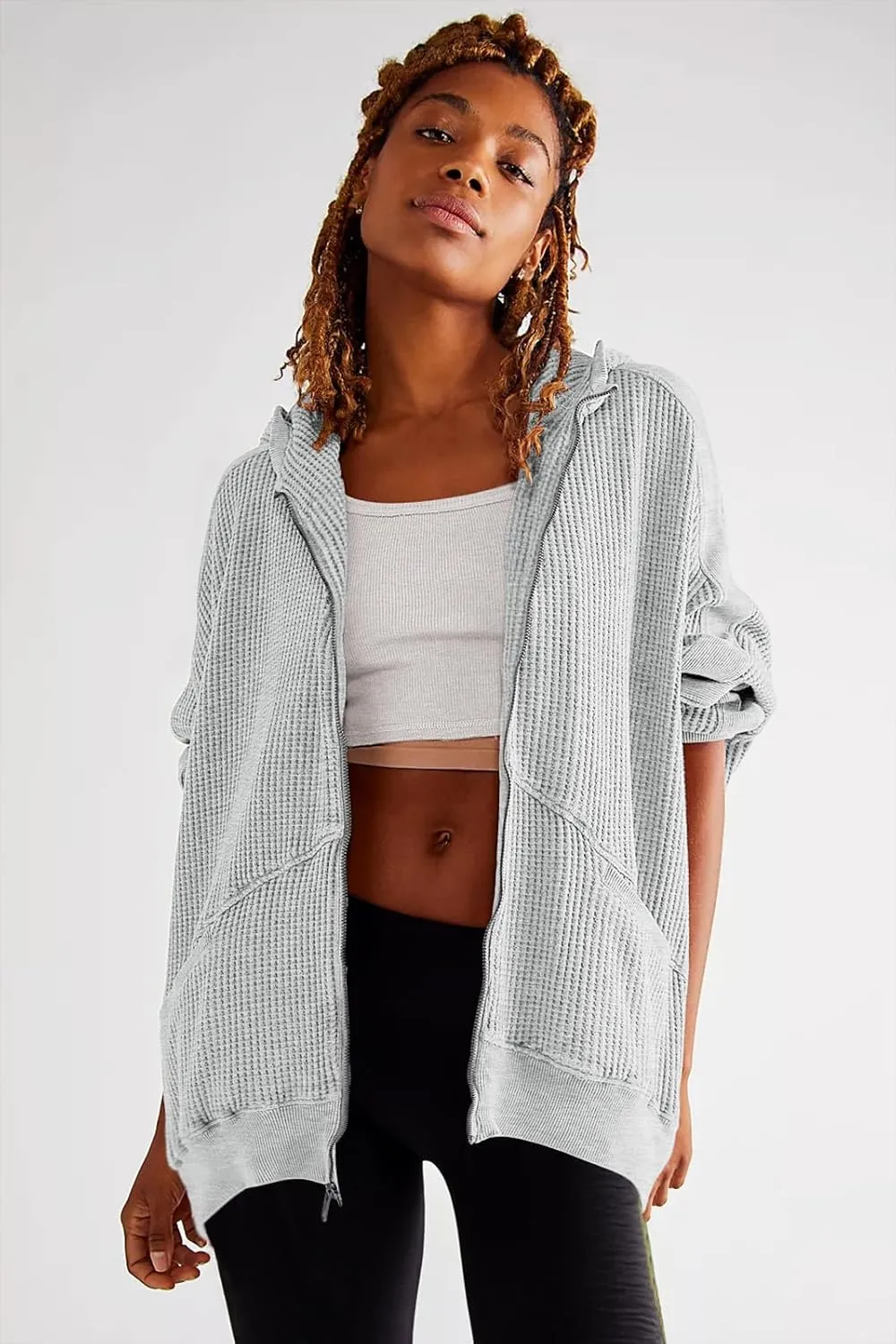 Womens Fashion Zip Up Hoodies Oversized Waffle Knit Jacket Shirts Long Sleeve Solid Shacket Blouse with Pockets