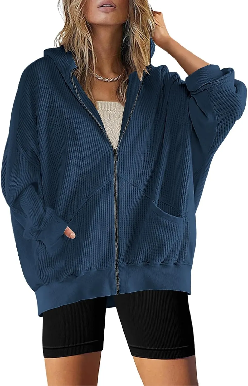 Womens Fashion Zip Up Hoodies Oversized Waffle Knit Jacket Shirts Long Sleeve Solid Shacket Blouse with Pockets