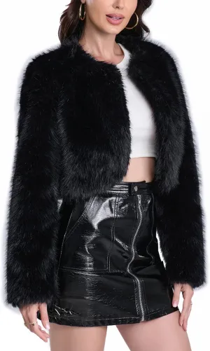 Women's Faux Fur Cropped Coat Long Sleeve Open Front Winter Jacket
