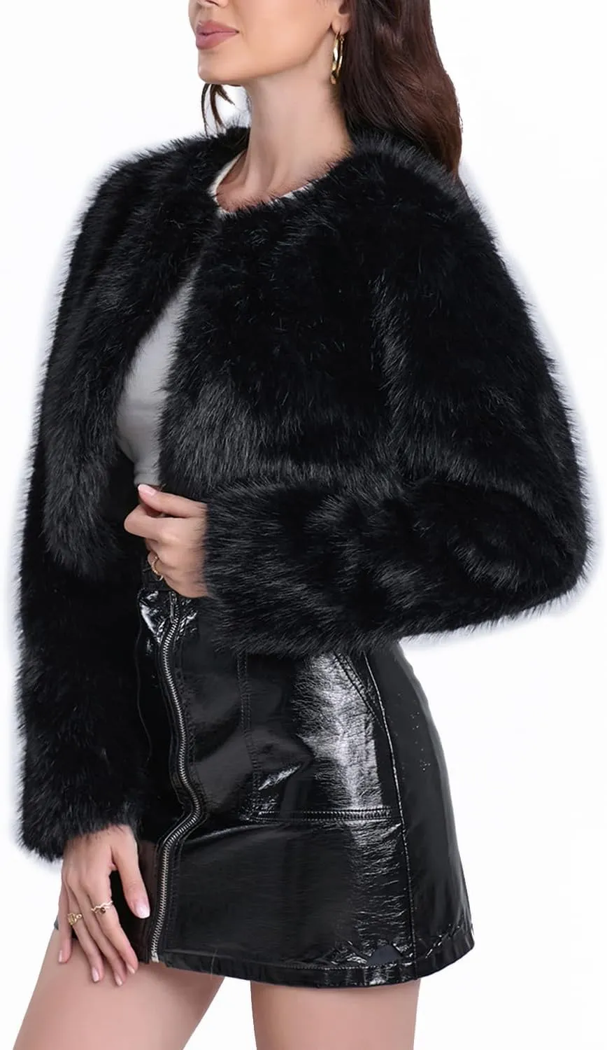 Women's Faux Fur Cropped Coat Long Sleeve Open Front Winter Jacket