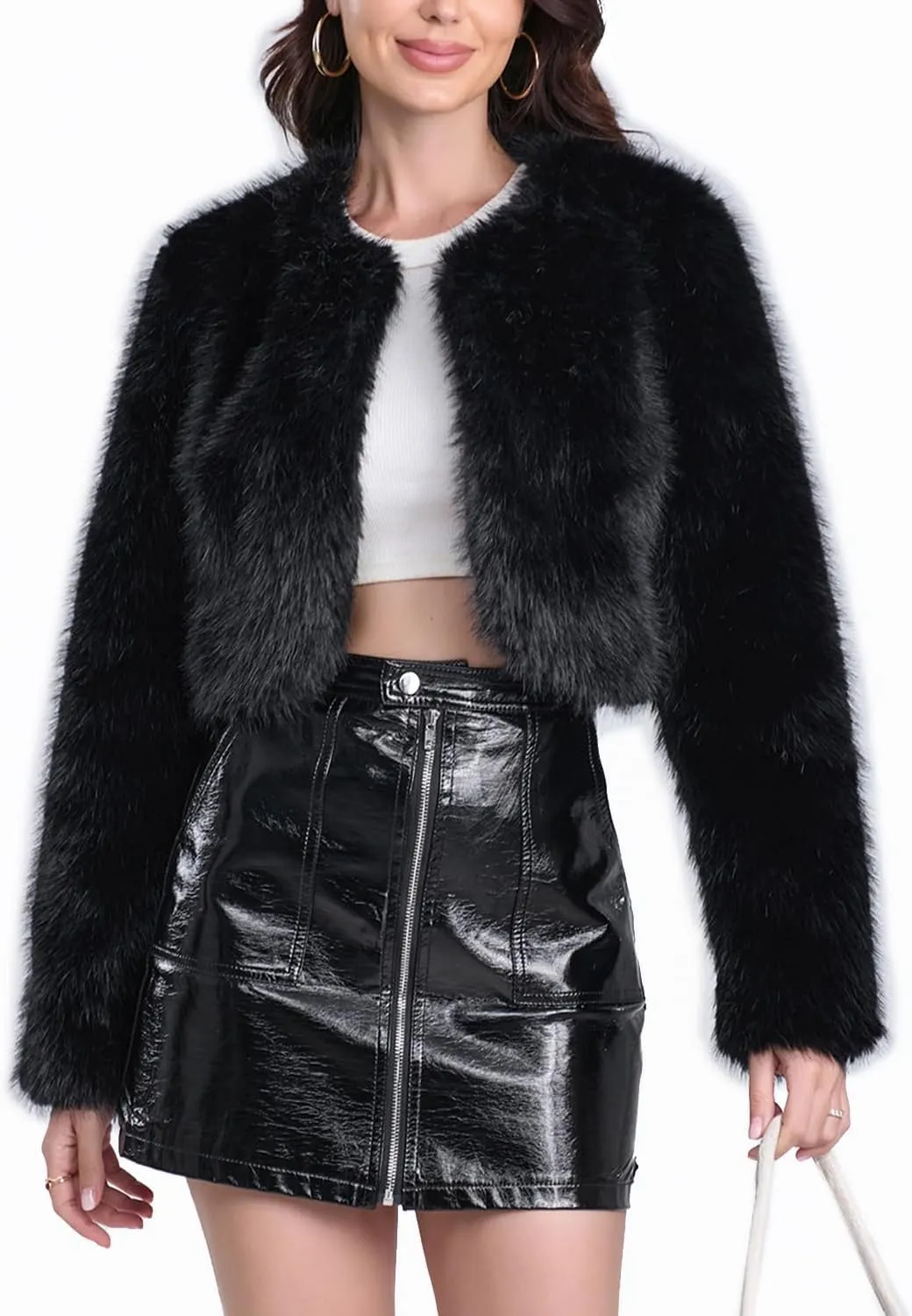 Women's Faux Fur Cropped Coat Long Sleeve Open Front Winter Jacket