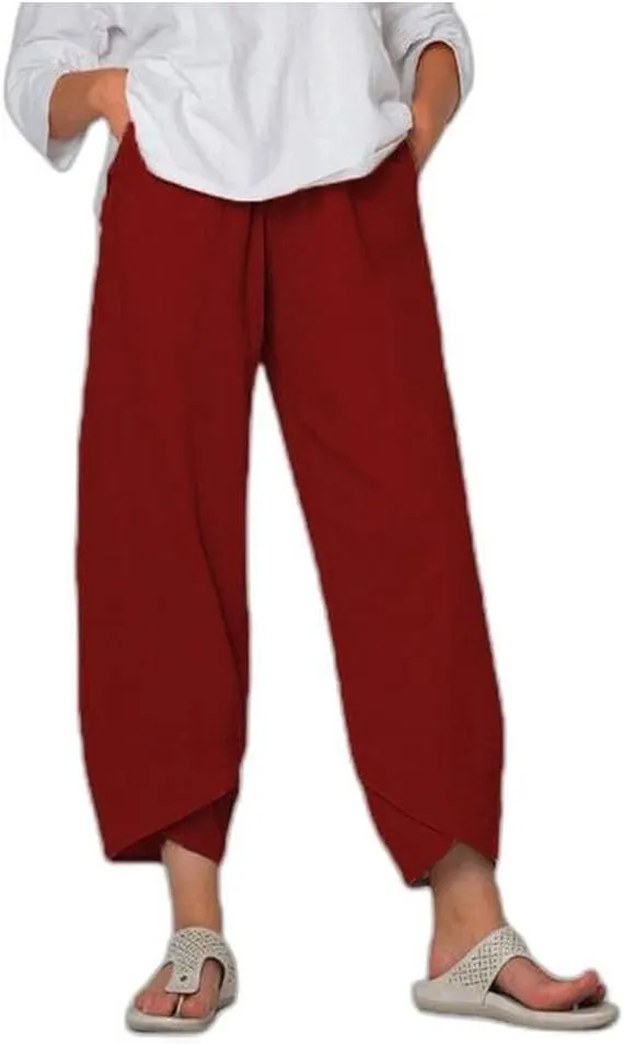 Women's Linen Wide Leg Pants with Pockets, Summer Elastic Casual Loose Beach Palazzo Boho Nine-Point Harem Trousers