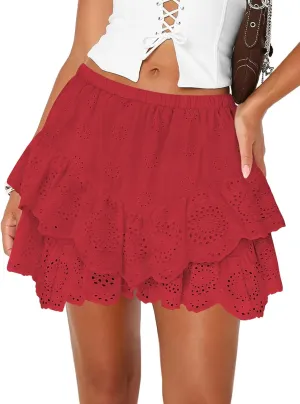 Women's Mini Skirts for Women High Waist Ruffle Skirt Smock Eyelet Solid A Line Summer Party Beach Short Skort