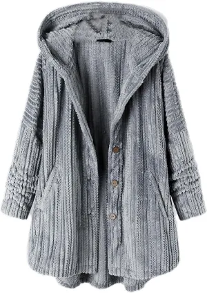 Women's Winter Coats Fuzzy Fleece Long Hooded Jackets Button Lightweight Warm Oversized Outwear A Line Teddy Coat